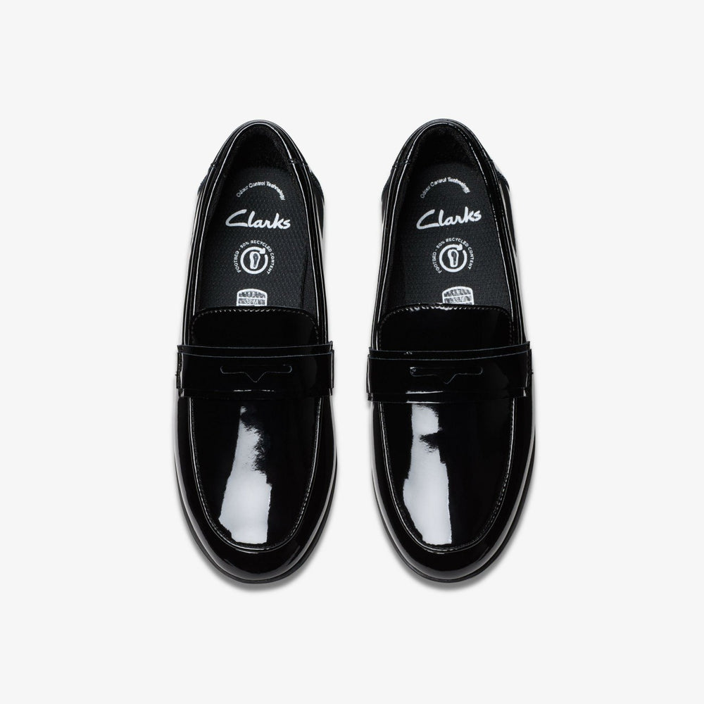Finja Bright Older Black Patent | Clarks